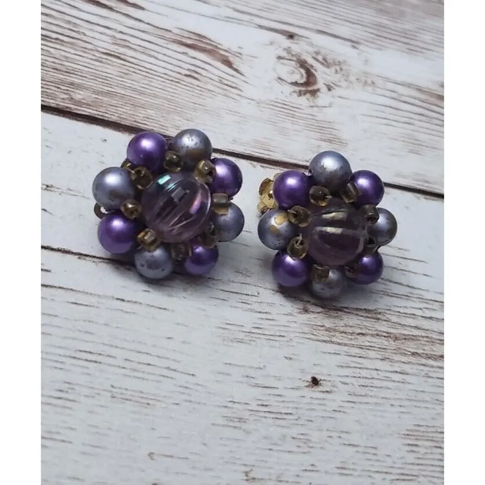 Vintage Clip On Earrings - Violet, Blue & Bronze Tone Cluster